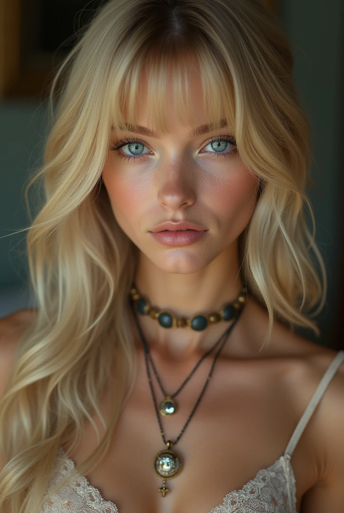 good quality, best quality, photo-realisti, Rohfoto, realisti, ultra realisti 8k cg, ultradetailed, High resolution, ​masterpiece, 1 girl, 19 years old,  long gold blonde hair, bangs, blue eyes, detailed face and eyes, close up shot, Intricate detailing, detailed texture, delicate detailed, kurzes Latex-Top, Jewelry around the neck, medium breasts