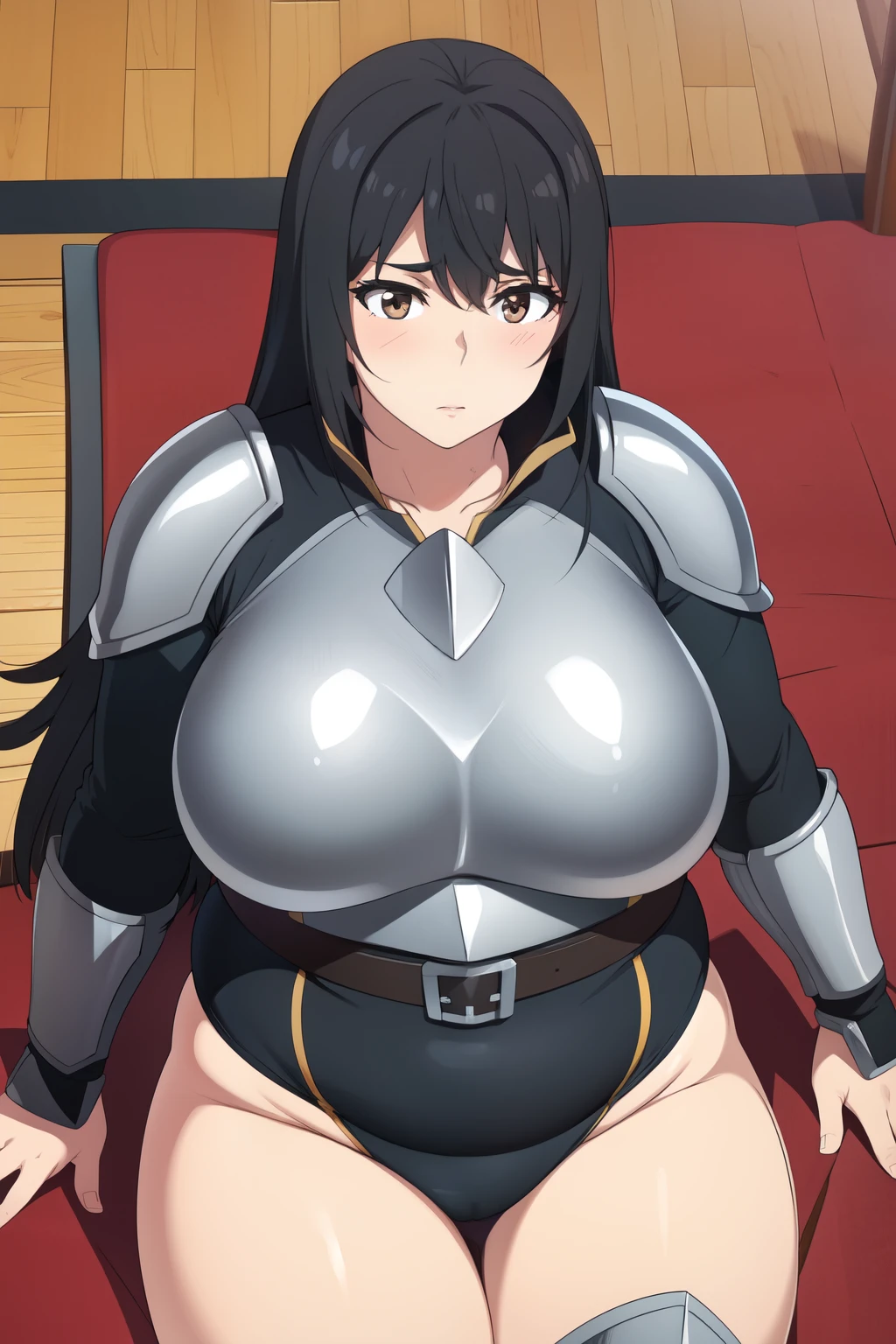 Plump  21 big breasts black hair brown eyes happy longer hair blushing deredere armor leotard lying