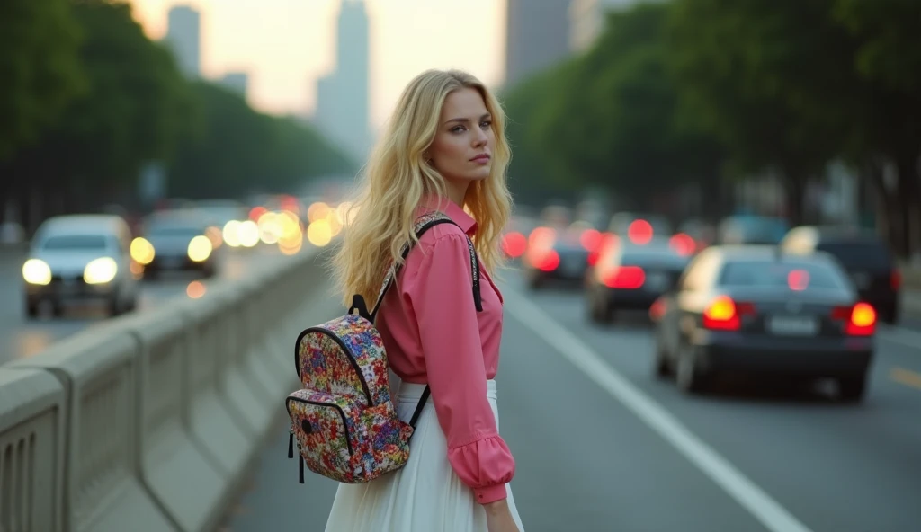 long haired actress elle fanning, wearing a pink blouse and a white skirt, with a colorful backpack, walks slowly along a busy street, The cars on the highway are a blur of moving lights, The trees and buildings in the background are slightly out of focus, creating a dream atmosphere