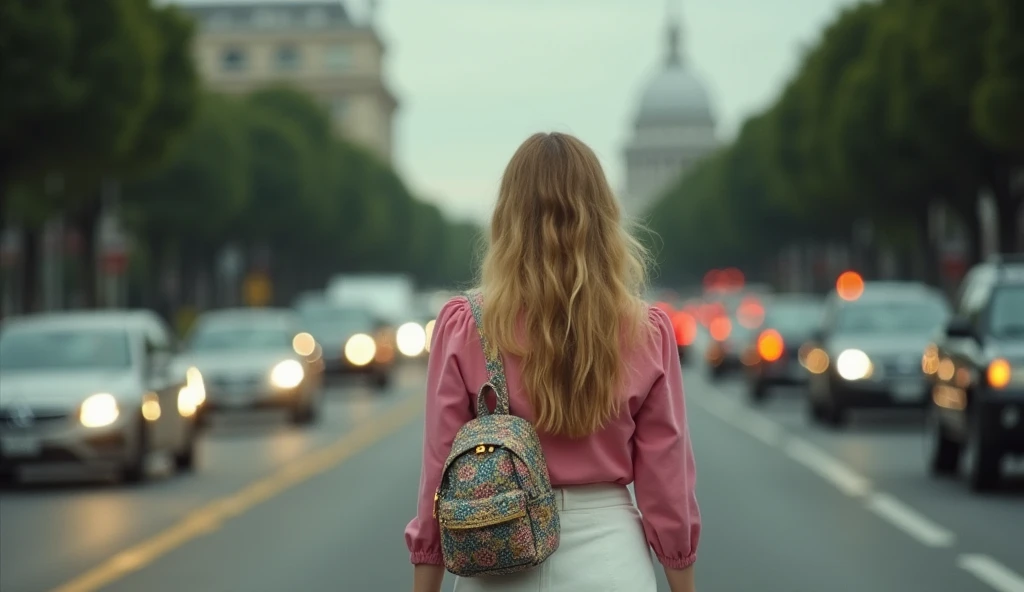 long haired actress elle fanning, wearing a pink blouse and a white skirt, with a colorful backpack, walks slowly along a busy street, The cars on the highway are a blur of moving lights, The trees and buildings in the background are slightly out of focus, creating a dream atmosphere