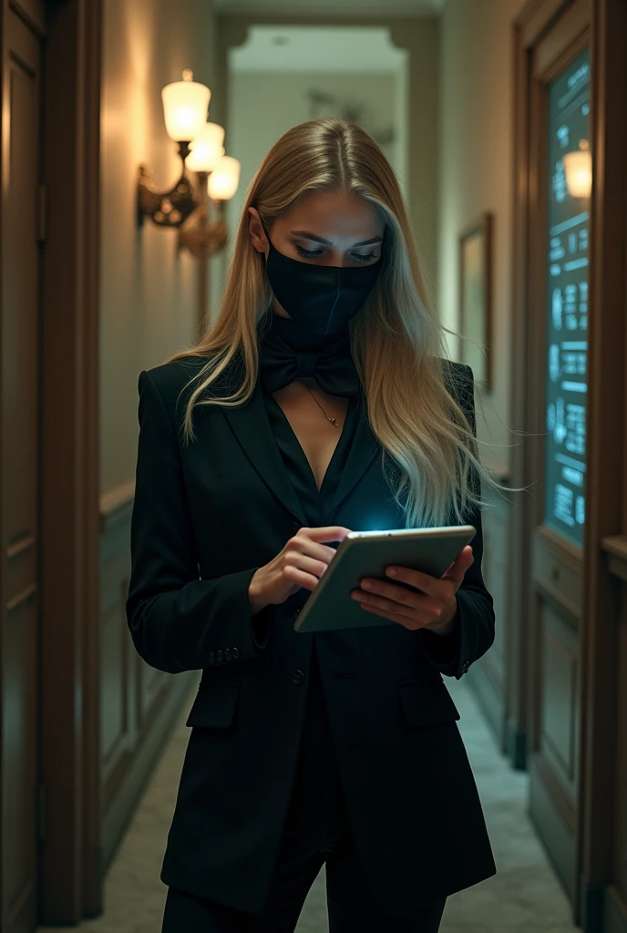 A blonde girl with loose hair,  dressed in a black suit and a mask, Deactivates the bank&#39;s alarms with his tablet 