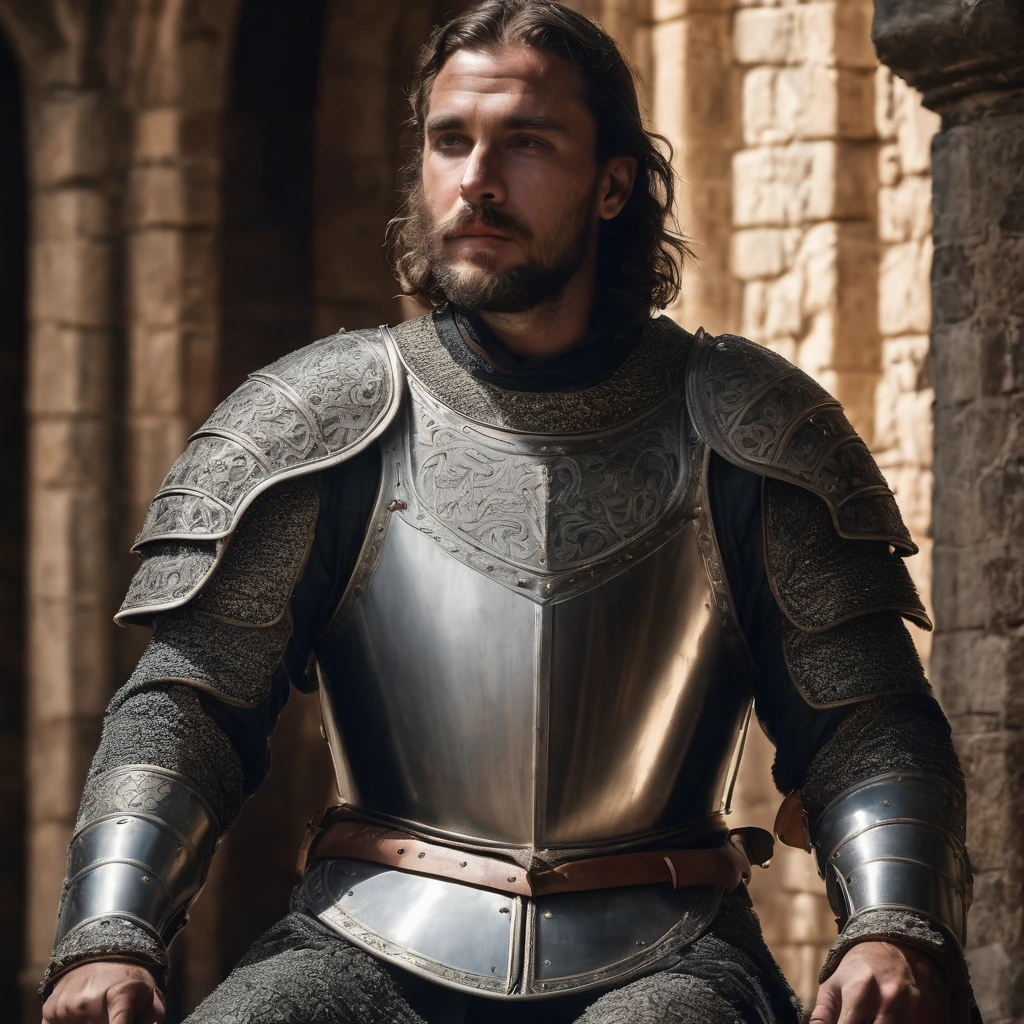 man, Medieval armor, high detail, cinematic camera, epic light, high detail, excellent quality, patterns, throne, king
