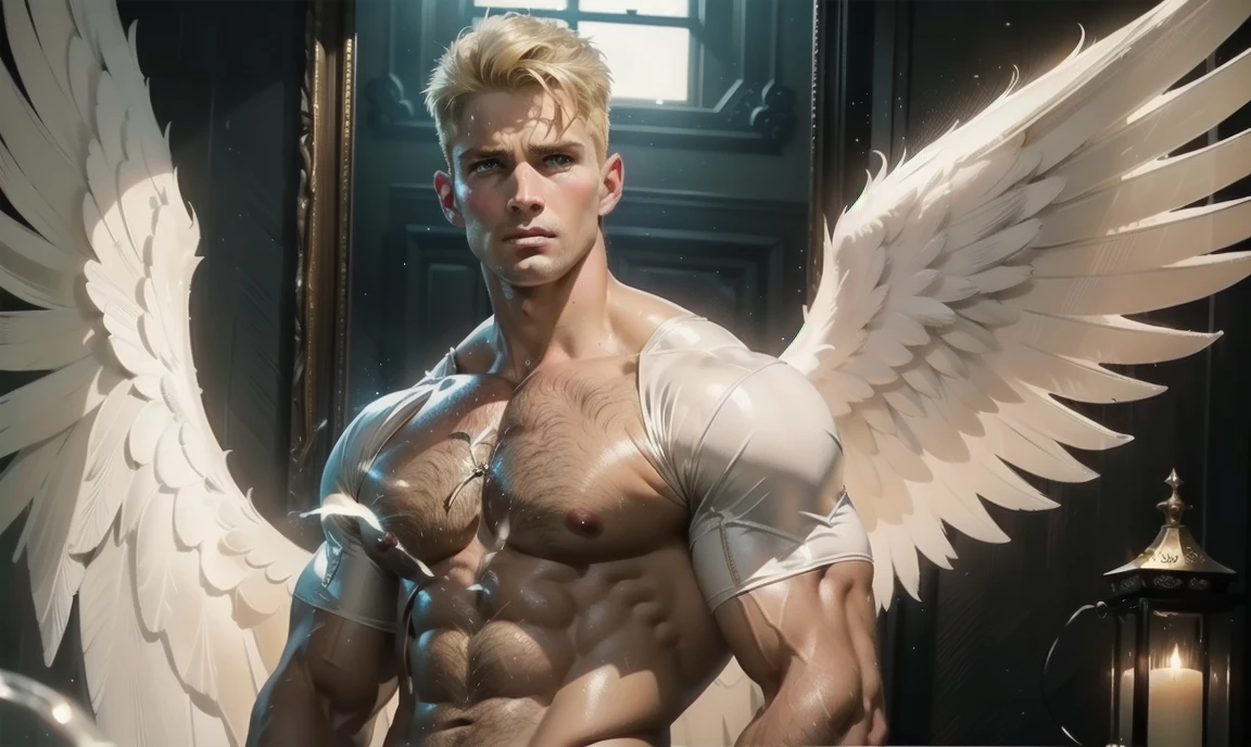 [((highly detailed, detailed eyes, detailed face, clear and realistic facial features, photorealistic, realistic light, cinematic, chest-up shot)), (1 man), (((((Gorgeous perfect sexy powerful masculine male angel))))), (((one pair of large wings))), ((faint halo)), ((short blond hair, green eyes)), ((35 years old)), ((wearing flattering angelic clothes)), (((aura of divine power))), standing in a cozy apartment at nighttime, ((light blush)), (((wearing an indignant expression)))]