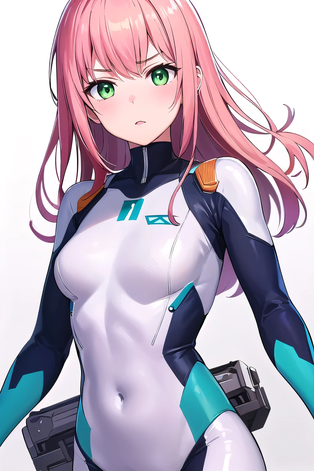 1girl,Samus aran,solo,green eyes, pink hair, forehead hair, white zero suit,white body suit,purple stripes,cowboy shot,blush,,Science fiction,ultra-detailed,sharp focus,aesthetic,(best quality), white background,