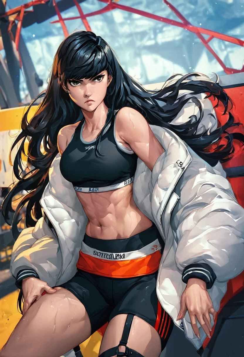 score_6_up, score_7_up, score_8_up, Long hair, black hair, black eyes, one girl, sports shorts, sports top, white jacket, black shorts, black top, medium breasts, serious expression, midriff, visible panty straps