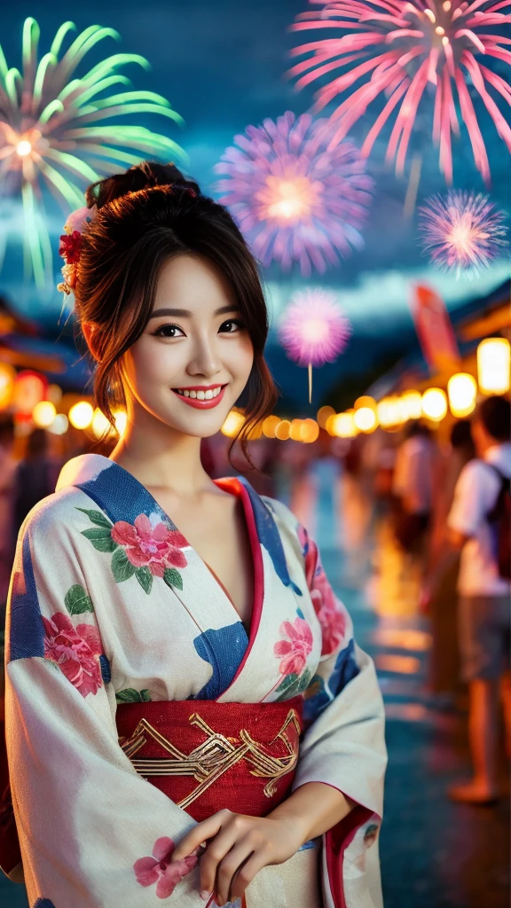 1 lady, 26 years old, extremely beautiful Japanese actress dressed in a casual summer cotton kimono with happy smile, enjoying the summer festival with a night view, fireworks display and lively crowd in the background form a beautiful scene, (8k, masterpiece, RAW photo, best quality:1.4), (photo realistic:1.2), ultra high resolution, extremely beautiful face, detailed face, stunning face, (ideal body proportions, full body:1.1), emphasized beautiful bodyline, elegant vibe, enchanting smile, soothing expression, optimal lighting and angle