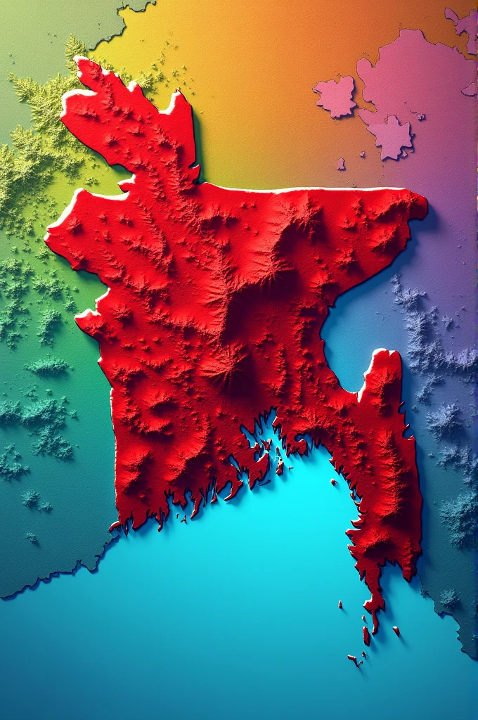 Create a map of Bangladesh where the whole country is colorful.  But the color of these three districts of Rangamati, Khagrachari and Bandarban is red.