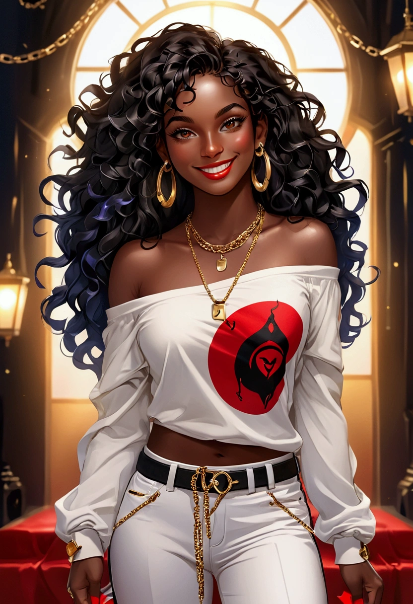 ((Artwork, 8K, soft lighting)), 1 sexy woman, black skin, long curly black hair with blonde highlights, smiling at the viewer, blue iris, big nose, medium lips, wearing gold earrings, white off-the-shoulder long-sleeved shirt, wearing loose black pants with chains, wearing red Nike sneakers.