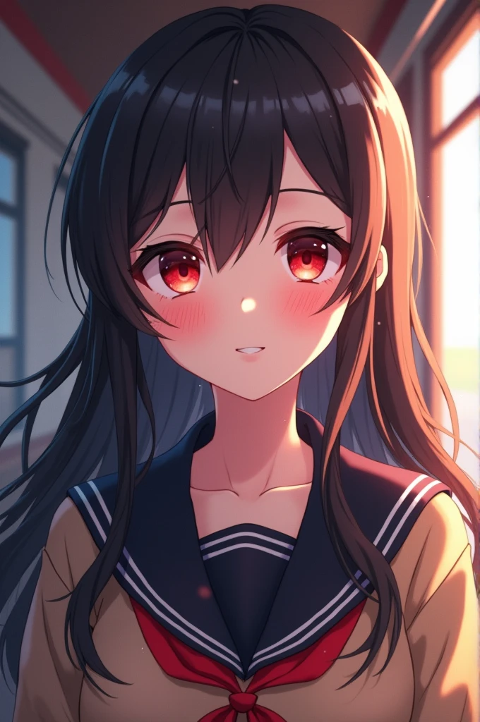 Super super beautiful anime girl with long hair and big, intense red eyes with a super realistic pink blush smile and cheeks in a high school with a Japanese university uniform