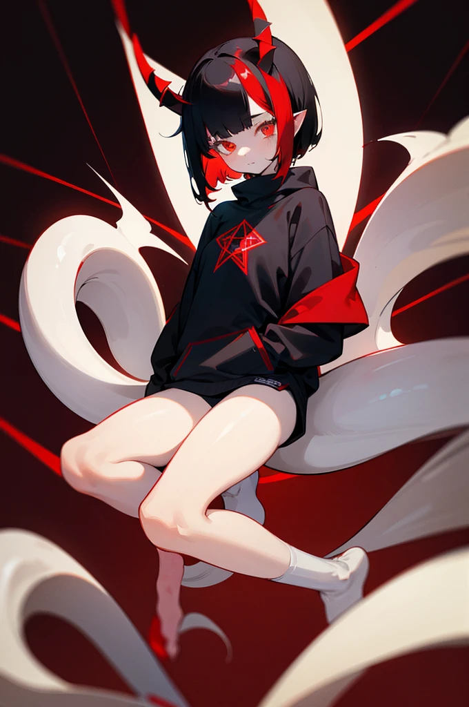 A girl with pale skin, short black hair with red streaks ((dark red)), bright red eyes, has two curved white horns on her head, one of which is broken, wears a sweatshirt with a red pentagram, has hooves instead of feet, and a long tail made of bones