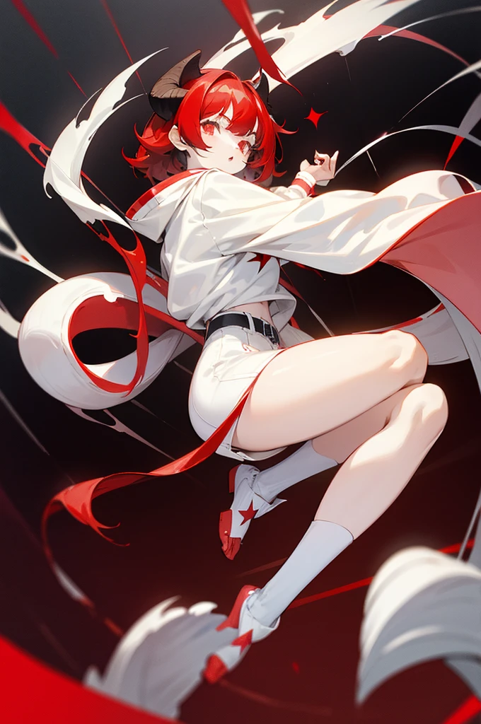 A girl with pale skin, short black hair with red streaks ((dark red)), bright red eyes, has two curved white horns on her head, one of which is broken, wears a sweatshirt with a red pentagram, has hooves instead of feet, and a long tail made of bones