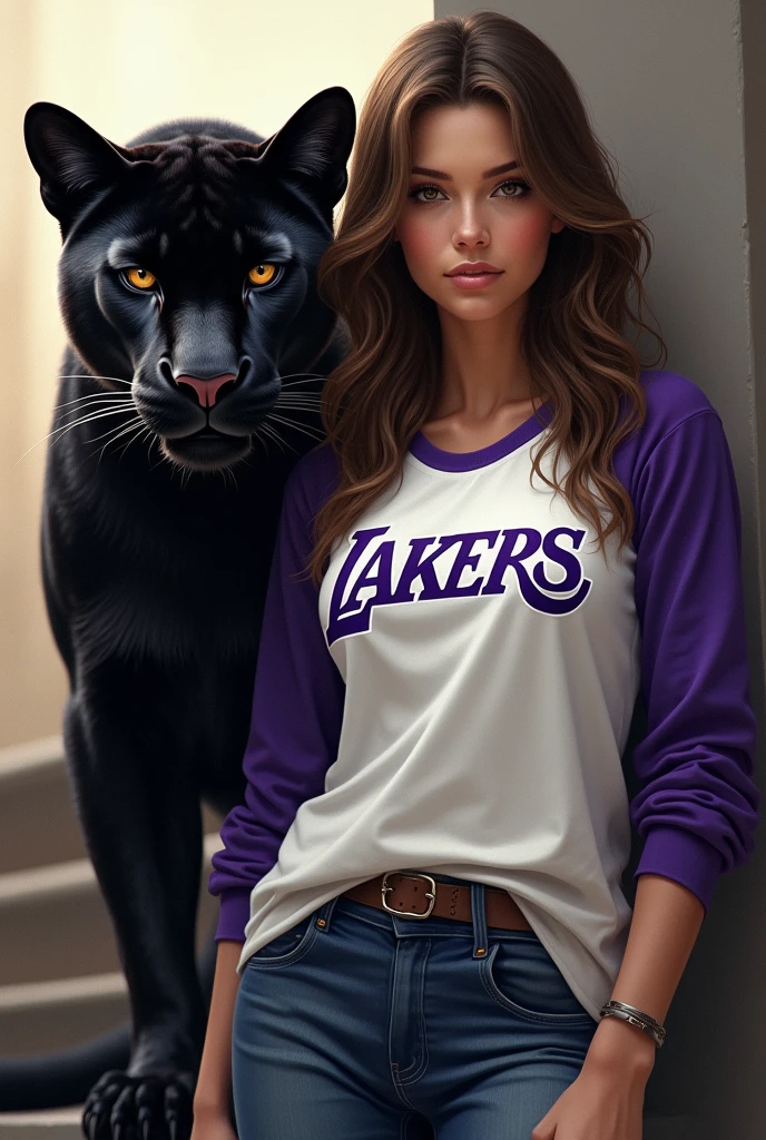 Woman with long wavy brown hair and brown eyes wearing denim pants, a white and purple Lakers shirt and a black panther next to her 