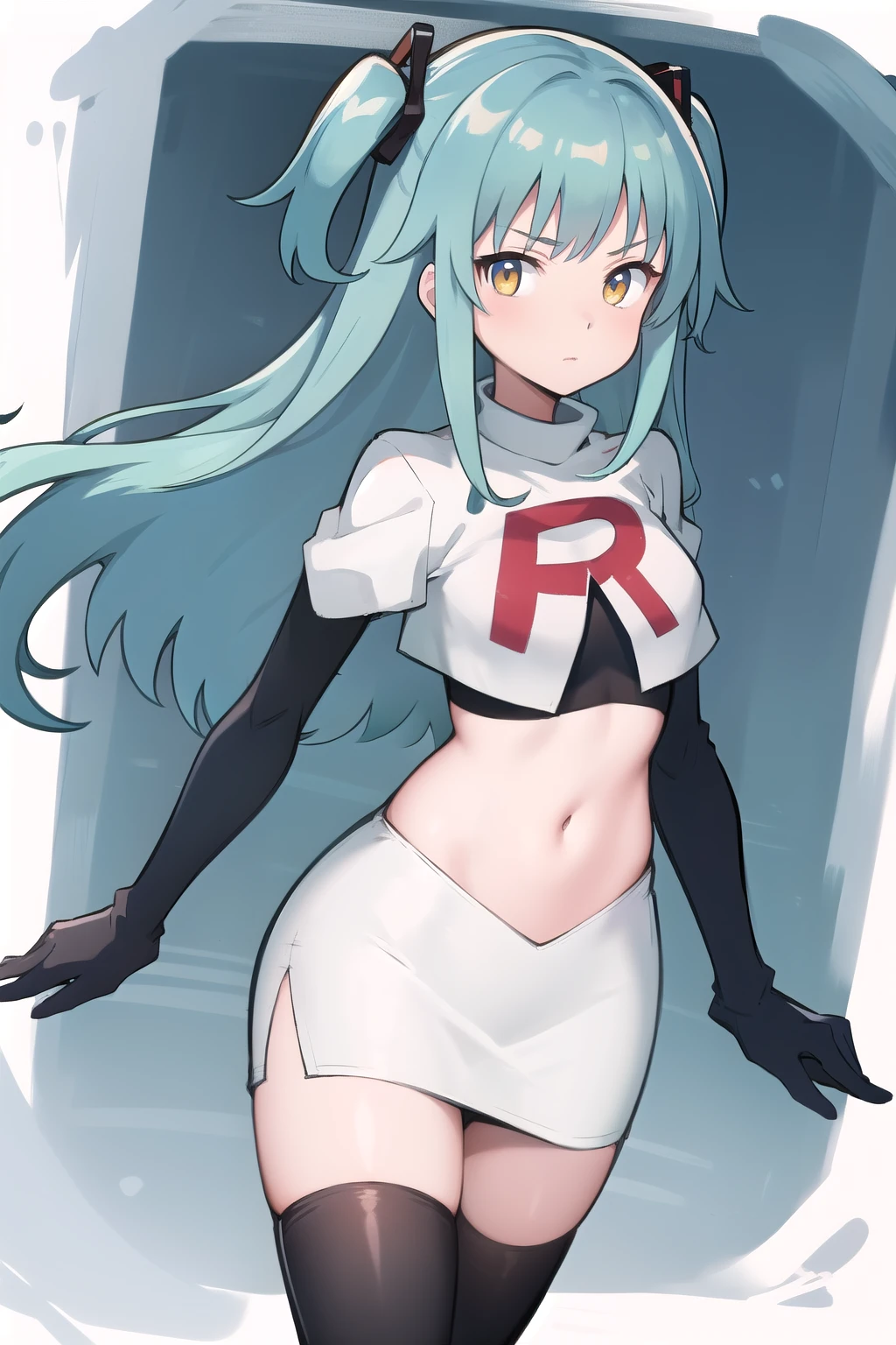 best quality, (masterpiece:1.2), illustration, absurdres,
(1girl, solo), (beautiful detailed girl),
Tio Plato, yellow eyes, aqua hair, long hair, two side up, small breasts,
fake animal ears,
team rocket,team rocket uniform,white skirt,red letter R,crop top,black thigh-highs,black elbow gloves,
looking at viewer,
in bamboo forest, chinese architecture, stream,,
cowboy shot,