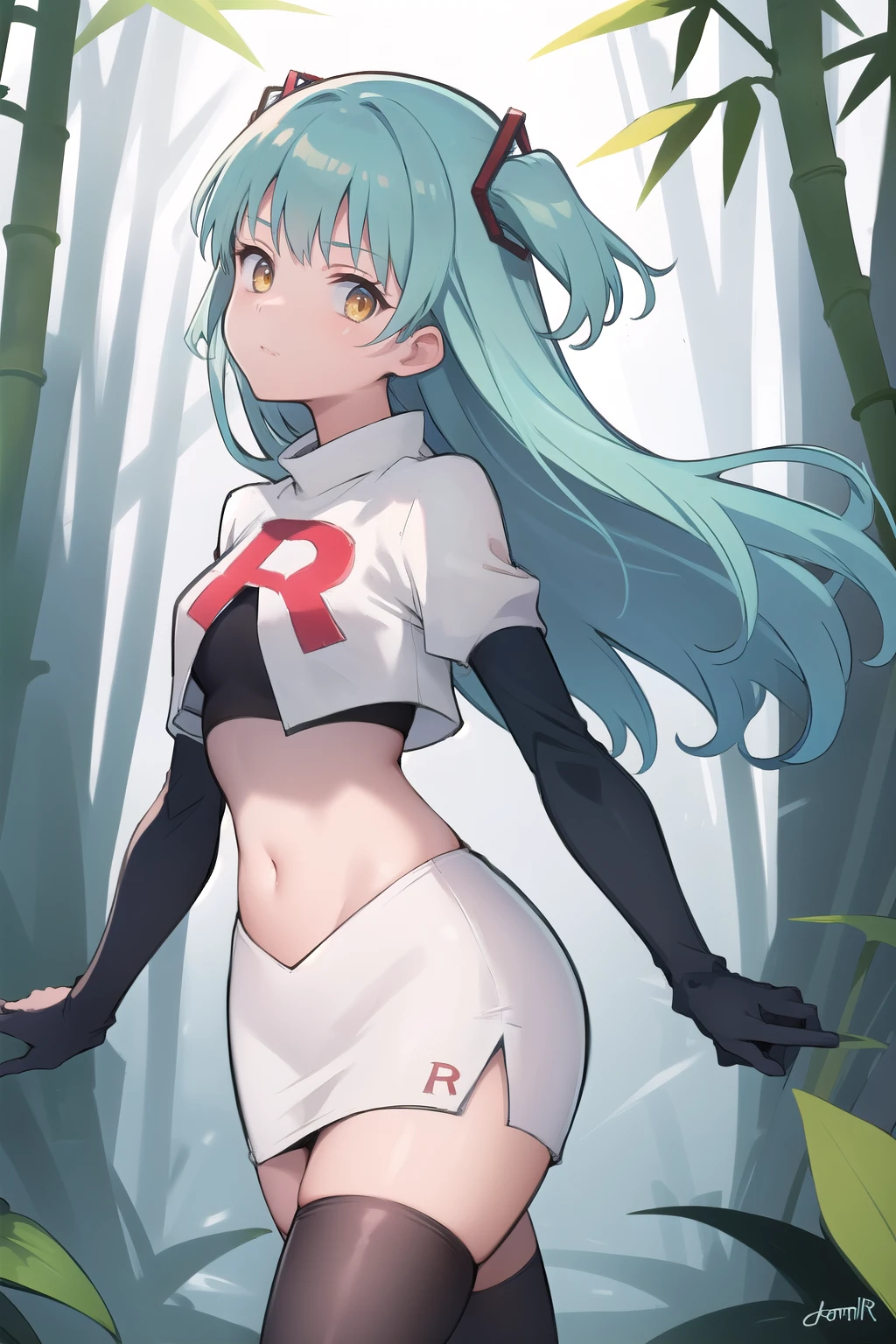 best quality, (masterpiece:1.2), illustration, absurdres,
(1girl, solo), (beautiful detailed girl),
Tio Plato, yellow eyes, aqua hair, long hair, two side up, small breasts,
fake animal ears,
team rocket,team rocket uniform,white skirt,red letter R,crop top,black thigh-highs,black elbow gloves,
looking at viewer,
in bamboo forest, chinese architecture, stream,,
cowboy shot,