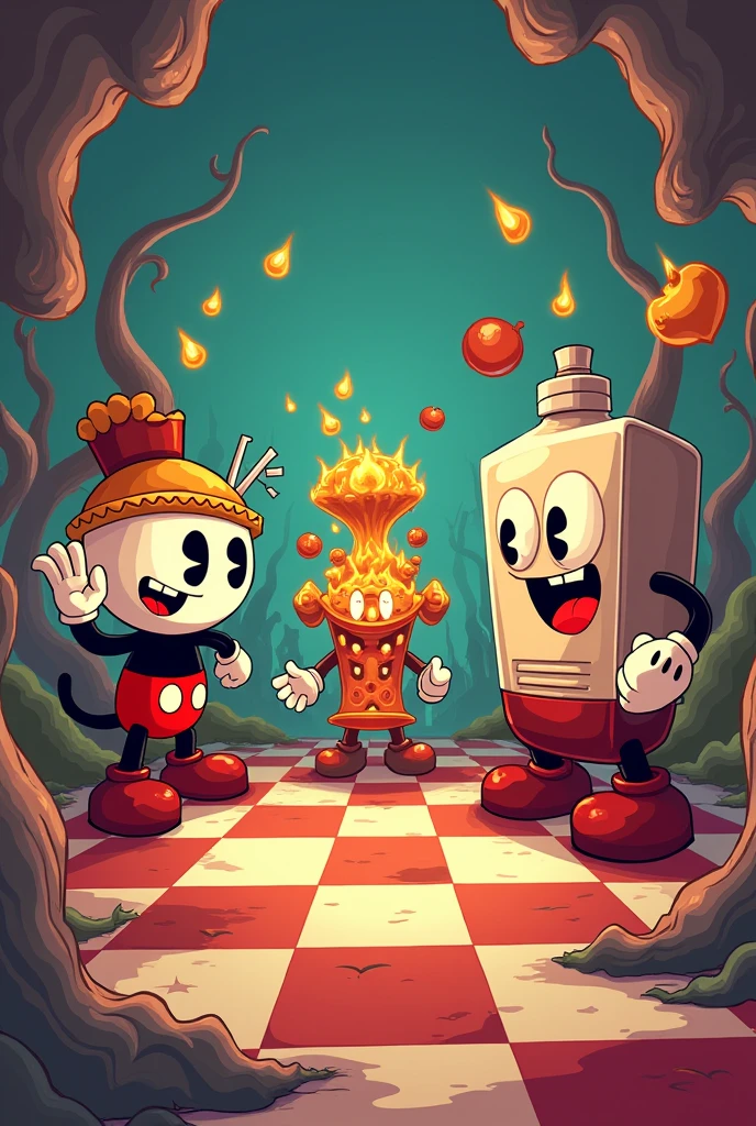 A pie, a juice and a ketchup as bosses from the game Cuphead