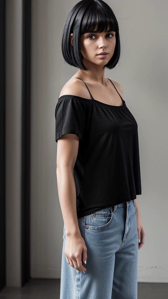Masterpiece Hyperreal 32k Female, 30 years old, Full Length
 Clothing T-shirt, camisole inside, denim wide pants
 Hairstyles Black straight bob, short. Side parted bangs.
 Blurred background