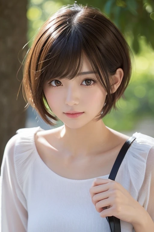 高品質in超リアルなポートレート。彼女は小さく繊細な顔立ちin、I have a slightly rounded face shape。Her expressive almond-shaped eyes have a gentle and warm gaze.、I have strong eyebrows。肌は無垢in透き通るような白さin、It has a natural shine。(Her hair is brown and pixie cut.:1.3)in、シンプルinエレガントに整えられています。メイクはナチュラルin、A light foundation and subtle blush、Uses a soft pink lip color。ライティングはソフトin自然な光を使用し、Accentuating facial features、Does not emphasize shadows。背景はシンプルinぼかしたグラデーションin、Focus on the face。