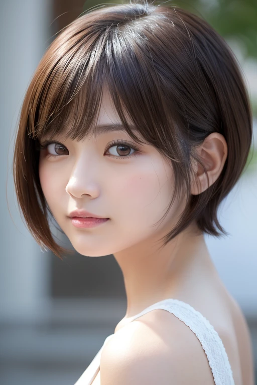 高品質in超リアルなポートレート。彼女は小さく繊細な顔立ちin、I have a slightly rounded face shape。Her expressive almond-shaped eyes have a gentle and warm gaze.、I have strong eyebrows。肌は無垢in透き通るような白さin、It has a natural shine。(Her hair is brown and pixie cut.:1.3)in、シンプルinエレガントに整えられています。メイクはナチュラルin、A light foundation and subtle blush、Uses a soft pink lip color。ライティングはソフトin自然な光を使用し、Accentuating facial features、Does not emphasize shadows。背景はシンプルinぼかしたグラデーションin、Focus on the face。
