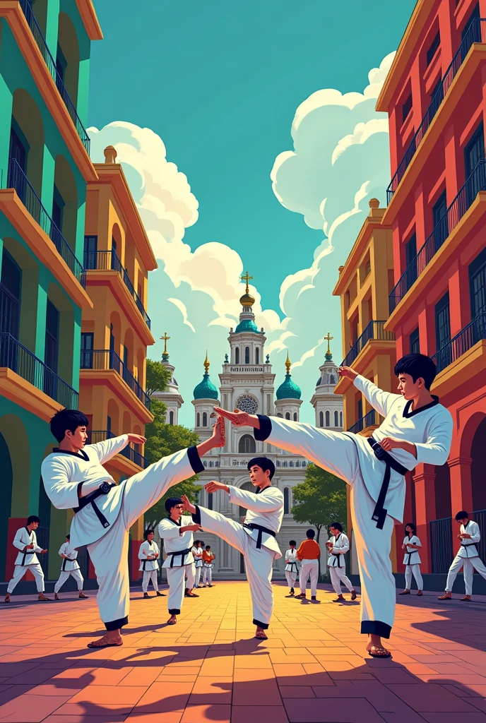 Make me a picture with a background of an iconic place in Mexico City for a poster for a taekwondo camp