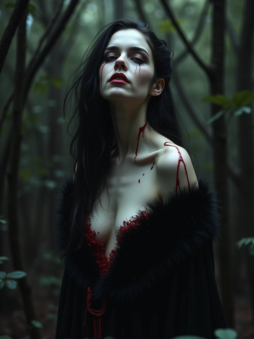 une femme vampire nue dans une forêt, tendance de l'art fantastique numérique, peau de porcelaine », enveloppé dans des tentacules noirs, prise dans les racines, impression haute résolution :1 rouge, teint blanc, métamorphe, forêts sombres entourant, Palette de couleurs noir et blanc