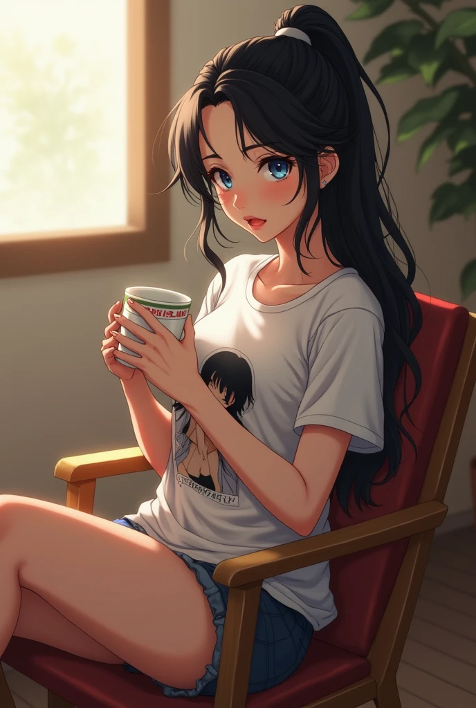 A girl, around 19 to 20 years old, is sitting on a chair. She is wearing a white t-shirt and blue shorts. She has long black hair tied up, blue eyes, a perfect physique, and well-proportioned breasts. There is a print of an anime boy and girl kissing on her t-shirt, and her nipples are showing because she isn't wearing a bra. She has perfect lips. Glowing skin, lighting photo, full image, girl in room and sitting in wood chair with wide lages, see the window and drinking coffee