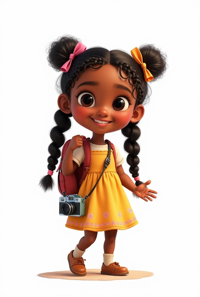 I want an animation of a black girl who is 6 and has long braids and 2 ponytails. She should be light skinned. She is travelling around the world. She is wearing a cute dress with a backpack and a camera around her neck. I want a full body picture. her face should be similar to the picture I uploaded. she should be smiling and waving. keep the background white