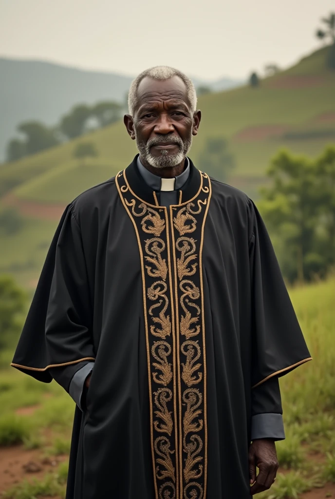 General Yakubu Gowon's father, Yohanna,  in a black Anglican pastorial robe, in 1934, full regalia, plateau jos