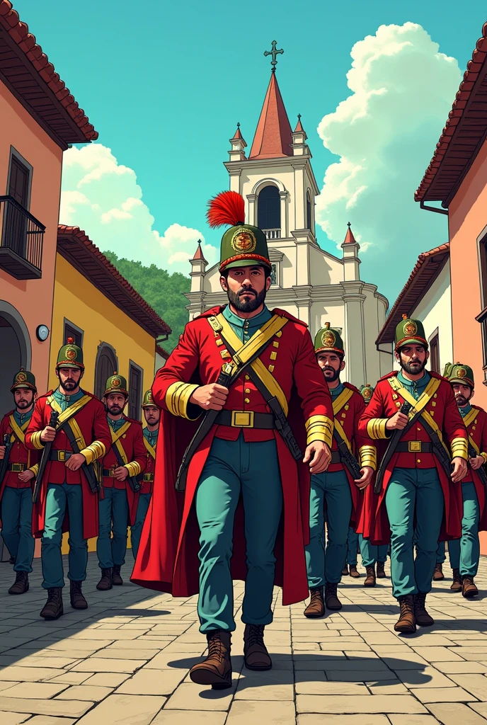 Ramon Castilla with his platoon going to the church (comic style) horizontally 