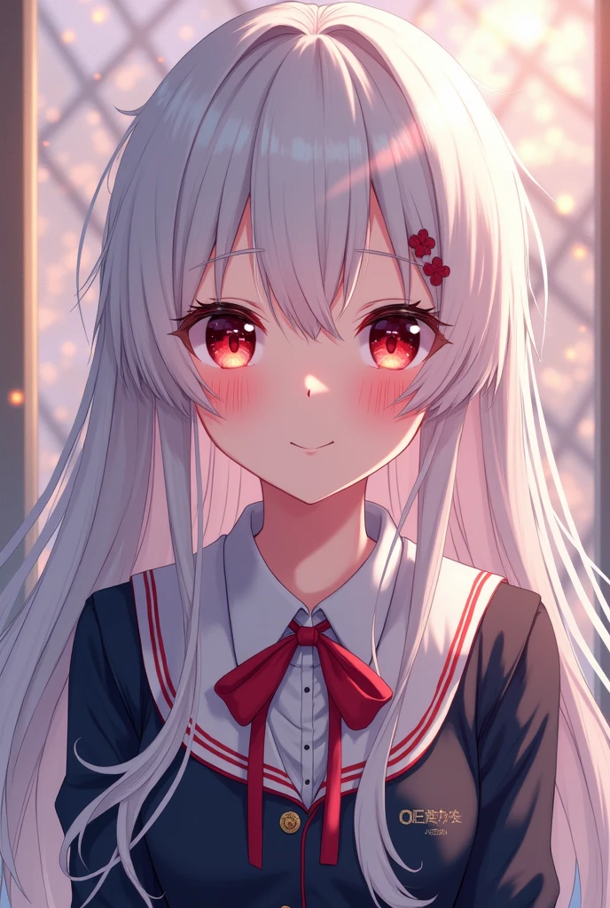 Super super beautiful anime girl with long white hair and big, intense red eyes with a super realistic pink blush smile and cheeks in a high school with a Japanese university uniform 