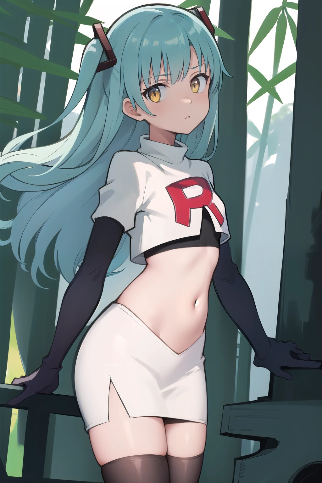 best quality, (masterpiece:1.2), illustration, absurdres,
(1girl, solo), (beautiful detailed girl),
Tio Plato, yellow eyes, aqua hair, long hair, two side up, small breasts,
fake animal ears,
team rocket,team rocket uniform,white skirt,red letter R,crop top,black thigh-highs,black elbow gloves,
looking at viewer,
in bamboo forest, chinese architecture, stream,,
cowboy shot,