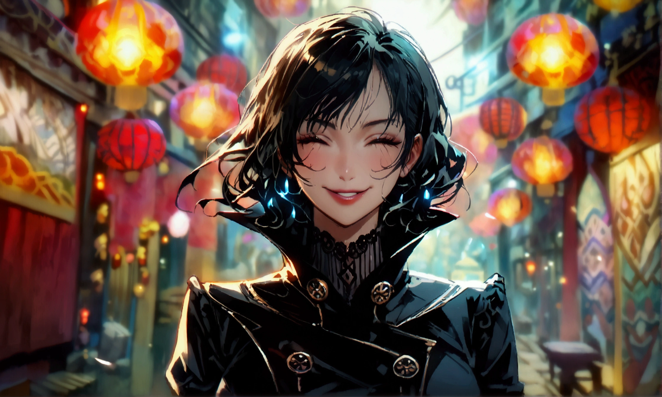 Asian woman, slim and defined body, stylish black hair, black coat with high collar, closed eyes and crazy smile, dark alley background, ((Intricate anime character design inspired by One Piece)), ((stunning lighting)), ((fine lines)), ((stunning focus)), ((stunning face)), ((detailed focus)), ((detailed background)), ((ultra-fine 2D design)), ((scenery bathed in creativity)), ((2D masterpiece)), ((best quality), ((8K)), ((anime style))