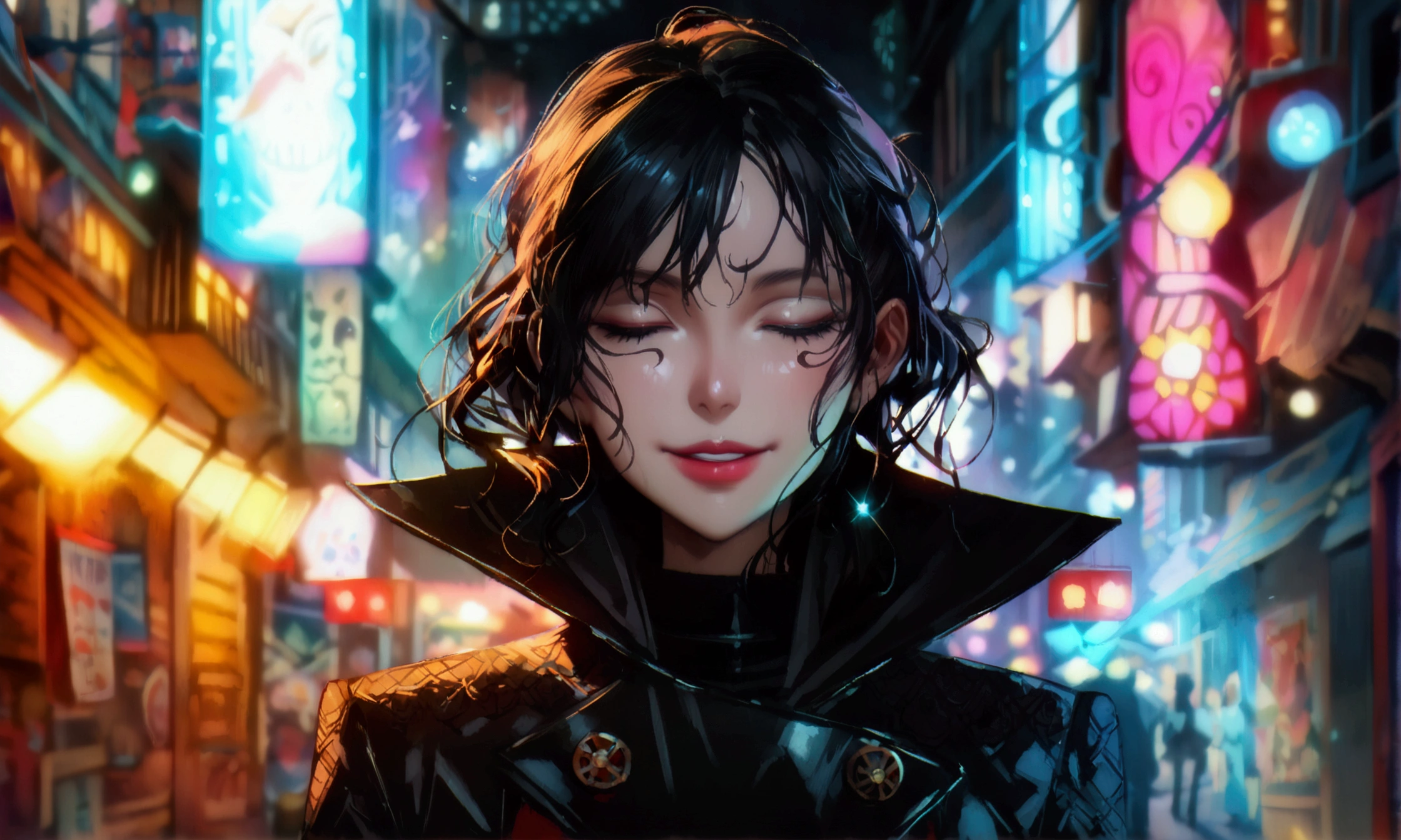 Asian woman, slim and defined body, stylish black hair, black coat with high collar, closed eyes and crazy smile, dark alley background, ((Intricate anime character design inspired by One Piece)), ((stunning lighting)), ((fine lines)), ((stunning focus)), ((stunning face)), ((detailed focus)), ((detailed background)), ((ultra-fine 2D design)), ((scenery bathed in creativity)), ((2D masterpiece)), ((best quality), ((8K)), ((anime style))