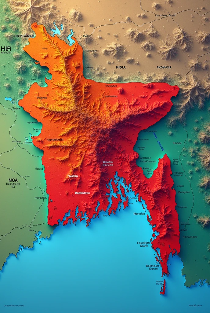 Create a map of Bangladesh where the whole country is colorful. But the color of these three districts of Rangamati, Khagrachari and Bandarban is red.