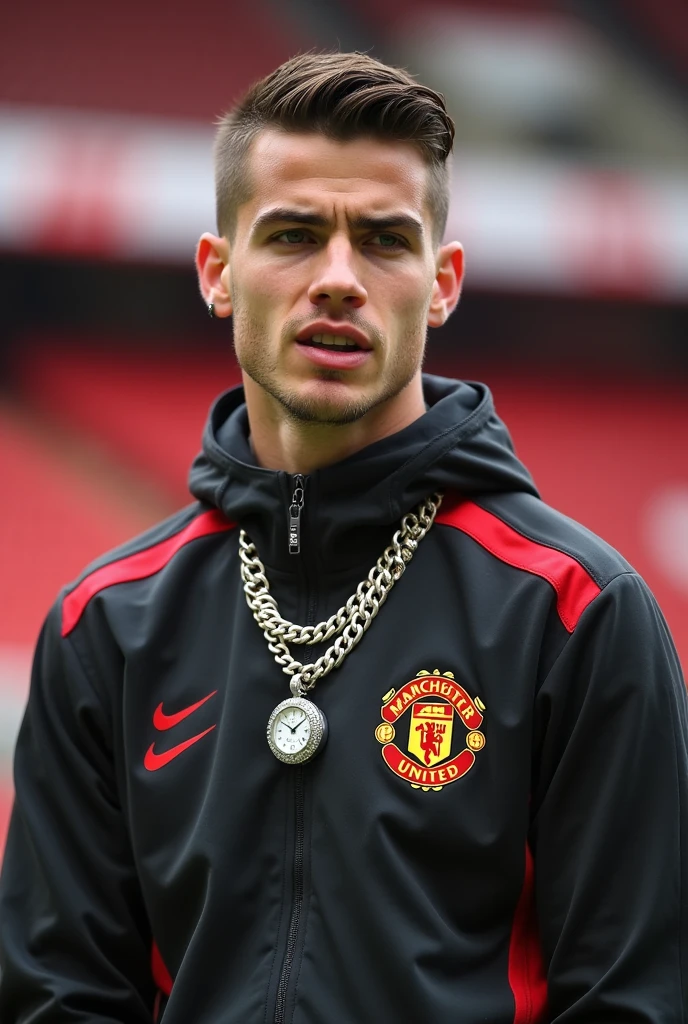 a serbian manchester united 18 year old footballer giving an interview after a game in training jacket with iced out chains and a rolex with short hair 