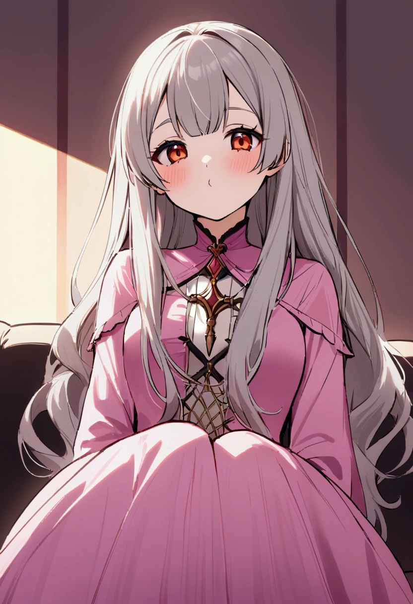 A mature woman with long silver hair and straight bangs,elf ear,red eye,wearing a pink long fancy dress,aesthetic art, she's smiling to camera