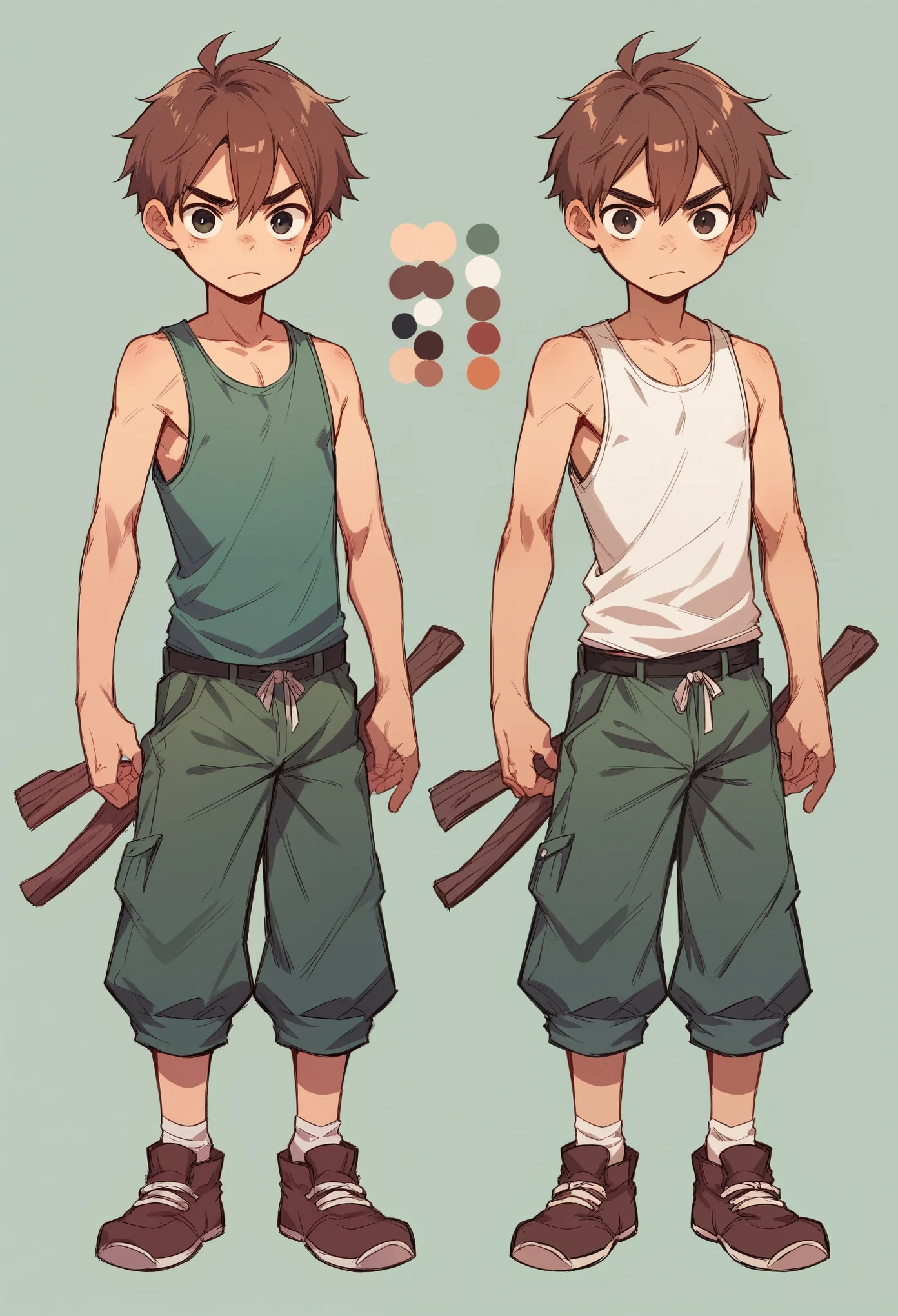 character reference sheet, concept art, young kid boy, poverty tank top and short,wood weapon,