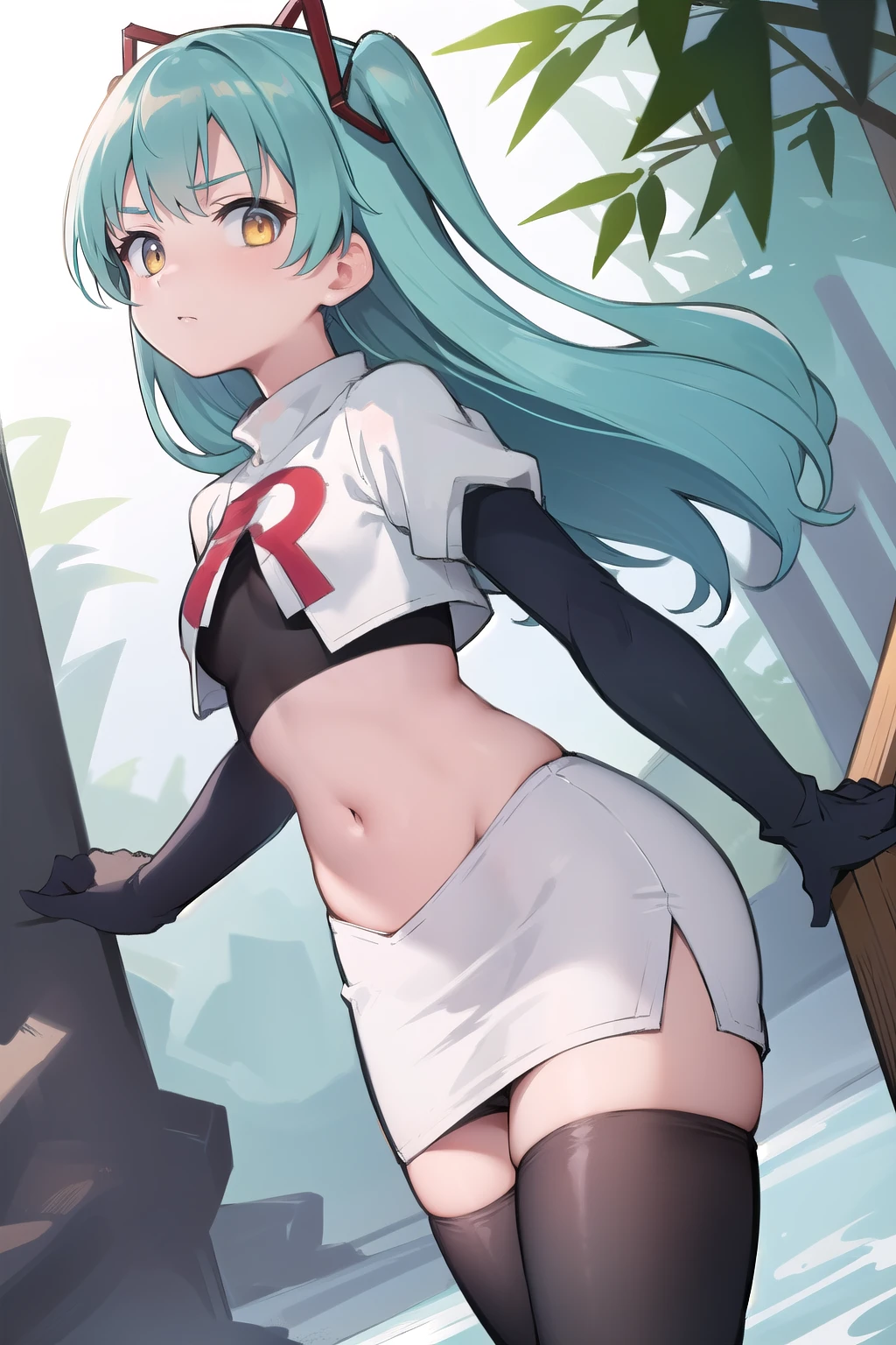 best quality, (masterpiece:1.2), illustration, absurdres,
(1girl, solo), (beautiful detailed girl),
Tio Plato, yellow eyes, aqua hair, long hair, two side up, small breasts,
fake animal ears,
team rocket,team rocket uniform,white skirt,red letter R,crop top,black thigh-highs,black elbow gloves,
looking at viewer,
in bamboo forest, chinese architecture, stream,,
cowboy shot,