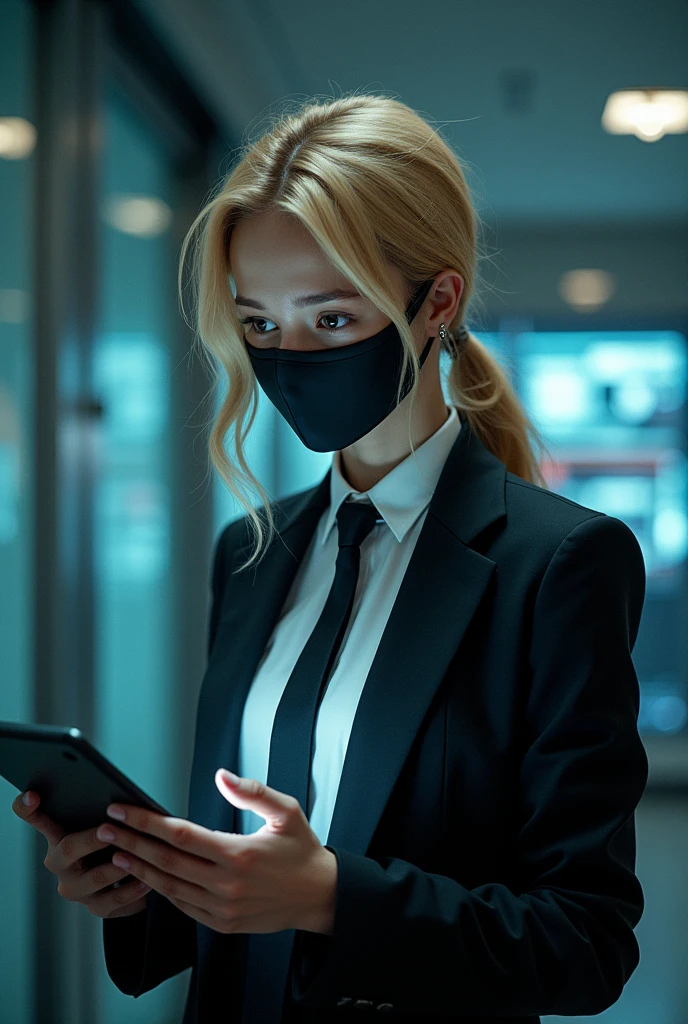A blonde girl with loose hair, dressed in a black suit, tie and mask, Deactivates the bank's alarms with his tablet