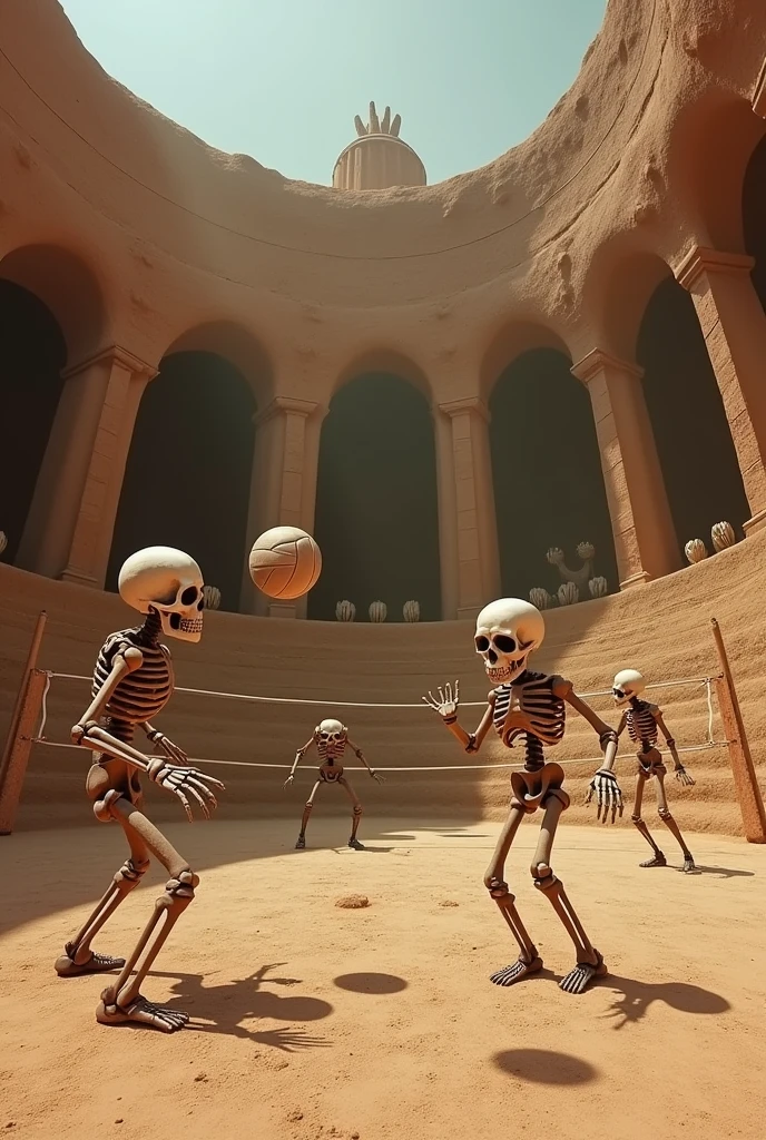 Skulls playing volleyball in a clay stadium