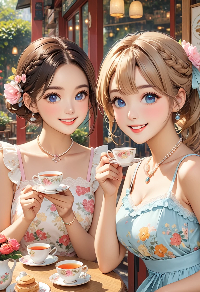 Highest quality、High resolution、Detailed Background、(Beautiful face in every detail:1.4)、Anatomically correct、(Normal number of fingers:1.2)、Detailed facial expressions、Detailed eyes、age beauty、Highly detailed face、Light color hair、ponytail、Bobcut、Braided long hair、Wavy Hairstyle、well-groomed eyebrows、Cute Eye Makeup、Cute Lip Makeup、Calm atmosphere、Tea time at the cafe、A big smile、smile、
(Three women enjoying tea time at a cute cafe:1.5)、
Flared silhouette dress、Camisole dress with frills and lace、A-line dress with ribbon and flower motif、A clean base color such as white、Ribbon and flower hair accessories、Pearl and jewel necklaces、bracelet、Gorgeous yet feminine、very beautiful