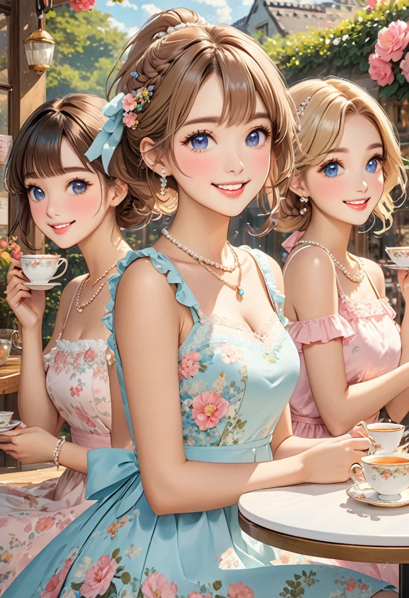 Highest quality、High resolution、Detailed Background、(Beautiful face in every detail:1.4)、Anatomically correct、(Normal number of fingers:1.2)、Detailed facial expressions、Detailed eyes、Teenage beauty、Highly detailed face、Light color hair、ponytail、Bobcut、Braided long hair、Wavy Hairstyle、well-groomed eyebrows、Cute Eye Makeup、Cute Lip Makeup、Calm atmosphere、Tea time at the cafe、A big smile、smile、

(Three women enjoying tea time at a cute cafe:1.5)、

Flared silhouette dress、Camisole dress with frills and lace、A-line dress with ribbon and flower motif、A clean base color such as white、Ribbon and flower hair accessories、Pearl and jewel necklaces、bracelet、Gorgeous yet feminine、very beautiful