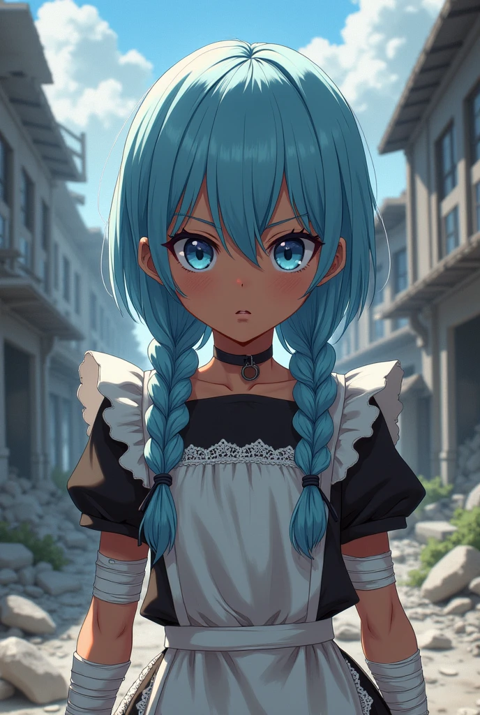 6 year old girl with light blue hair and braids, maid outfit and bandages on the arms, blue eyes and dark skin color anime style attack on titan