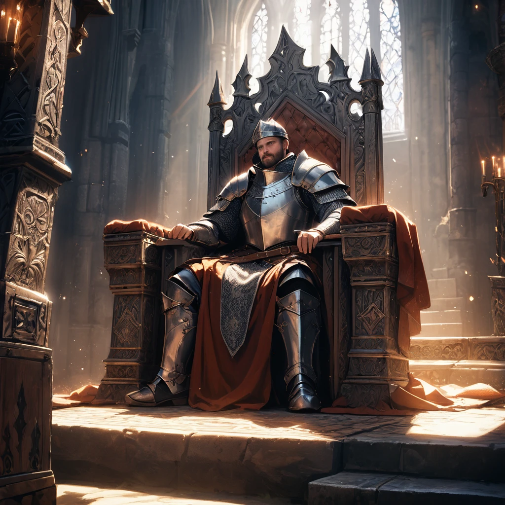 man, Medieval armor, high detail, cinematic camera, epic light, high detail, excellent quality, patterns, throne, king