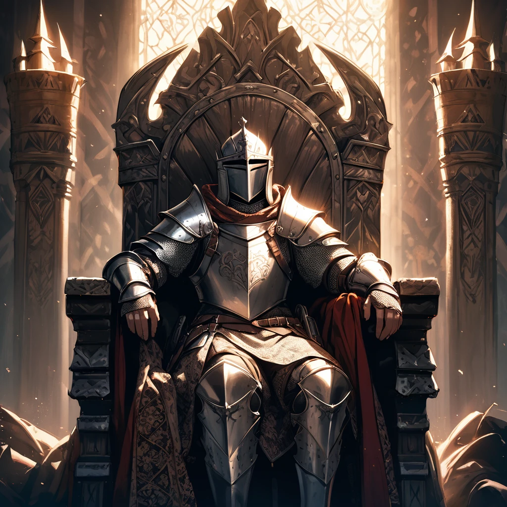 man, Medieval armor, high detail, cinematic camera, epic light, high detail, excellent quality, patterns, throne, king