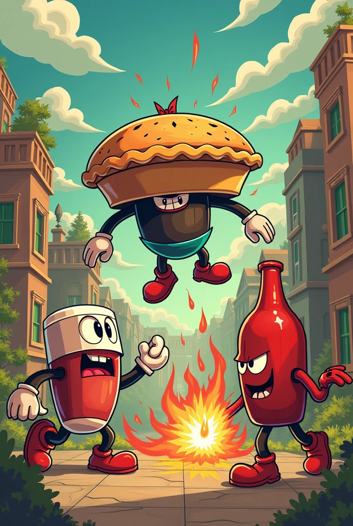 A pie, um suco e um ketchup como bosses do jogo Cuphead, and try to catch as much as possible in Cuphead style