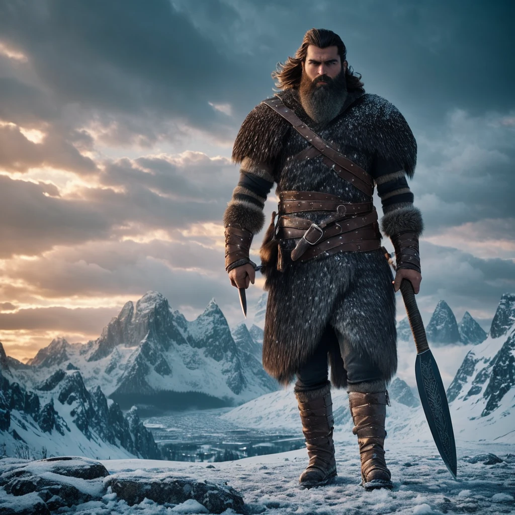 Create a highly realistic render of a dark-haired, bearded male barbarian standing on a snowy mountaintop, wielding a massive spiked axe. The barbarian should have a rugged, muscular build, with his hair and beard slightly frosted from the cold. His fur-lined armor should be detailed, with visible textures of worn leather and metal, appropriate for a warrior in harsh, icy conditions. The scene should be styled as if filmed in the 1950s with Super Panavision 70, featuring a widescreen aspect ratio, deep contrasts, and dramatic, cinematic lighting. The snowy landscape should be vast and majestic, with towering, jagged peaks and swirling snow, evoking an epic, larger-than-life atmosphere. Add a subtle vintage effect, with light film grain, soft edges, and slightly muted colors, to evoke the nostalgic quality of a 1950s VHS recording, enhancing the grandeur and timelessness of the scene
