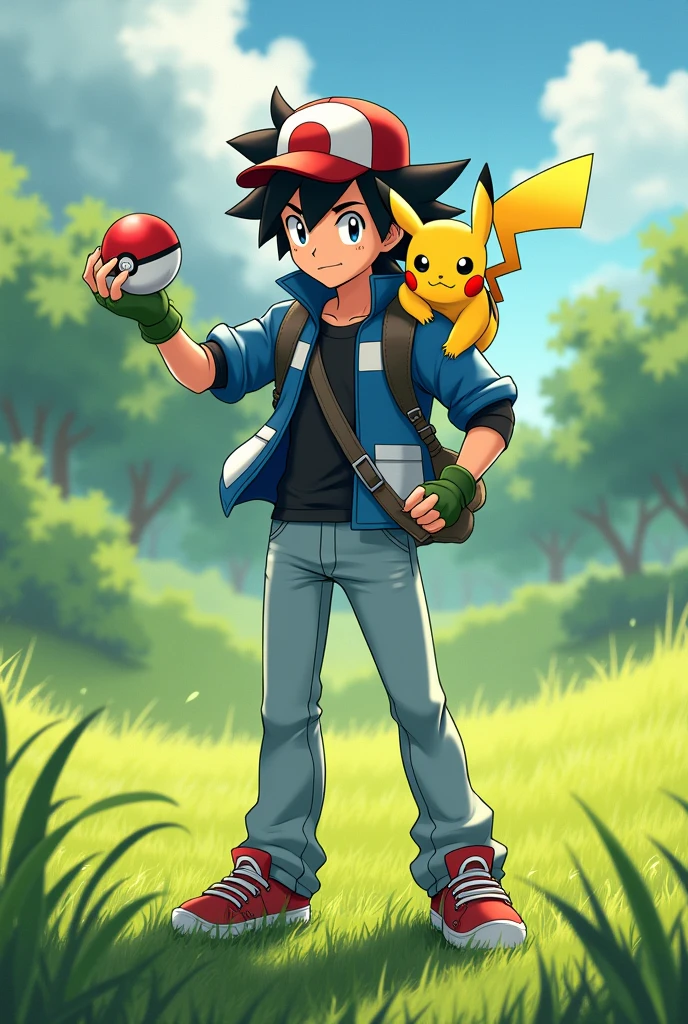 Ash Ketchum, with Pikachu on shoulder, holding out Pokéball, with jet black spiky hair, with blue and white jacket, wearing green fingerless gloves, wearing red and white cap on his head, as well as light denim jeans and red and black shoes, in a field on a sunny day