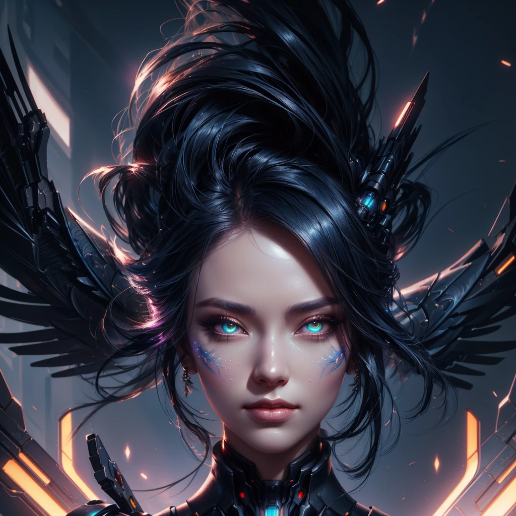 sci-fi, a close up of a woman - sci-FI queen of the raven with a sci fiorer on her face, Mechanical raven IN HAIRS, fiol glowing eyes, rossdraws portrait, fantasy concept art portrait, wojtek fus, rossdraws 2. 0, rossdraws 1. 0, rossdraws digital painting, epic fantasy digital art style, cgsociety portrait, rossdraws global illumination, :: rossdraws, alexandra fomina artstation
