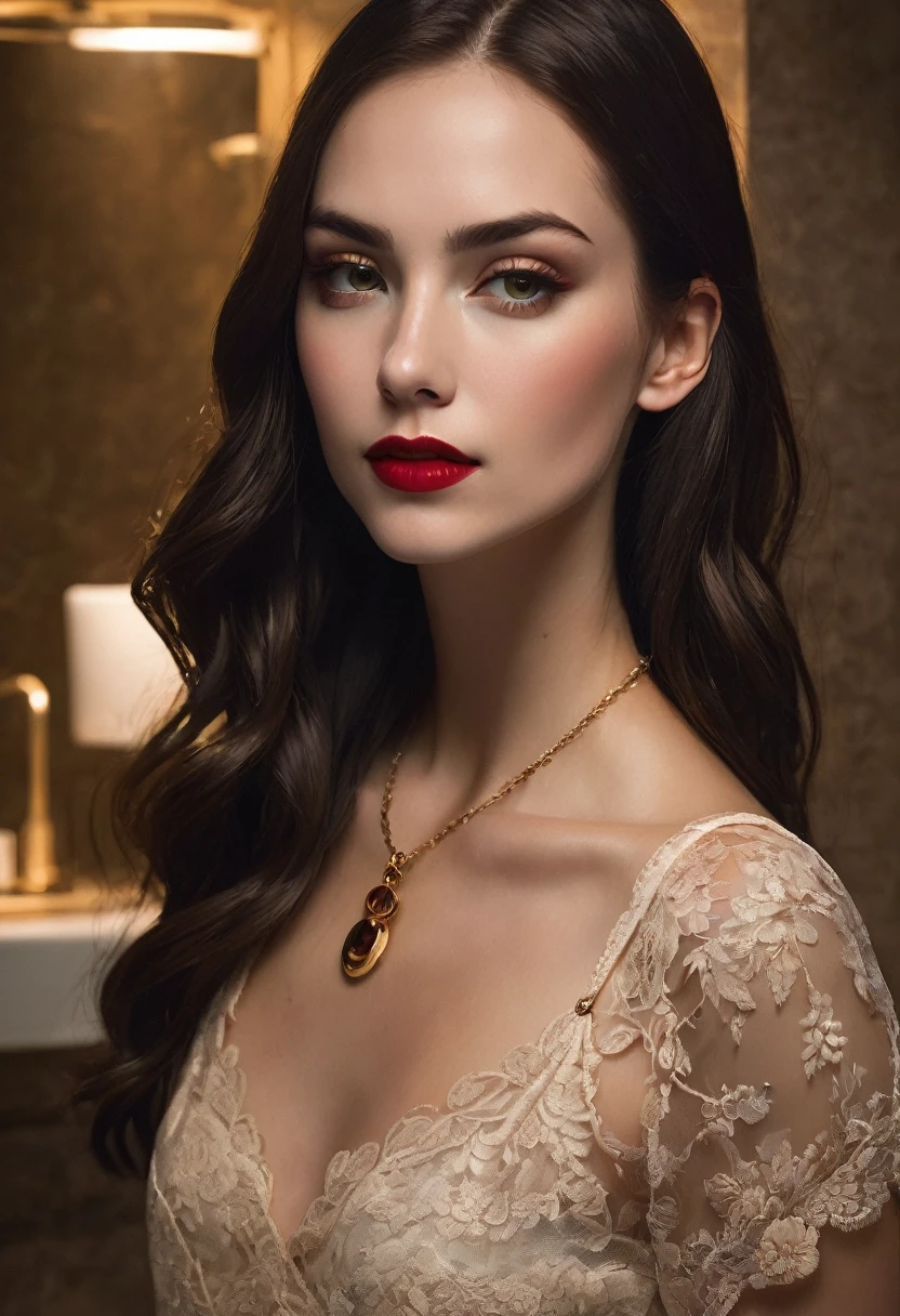 Crie uma mulher Erin Heartheton , texturized skin, shiny long dark brown straight hair,thin face. fleshy lip .slightly red lips .eyes browns, straight hair styled. Wearing a little black lace top. Thin straps , delicate gold necklace, putting on cherry red lipstick, in a luxurious bathroom with night lighting, detailed with light tones and marble, high quality, deep shadows, dynamic lighting, targeted focus, In Full Detail.