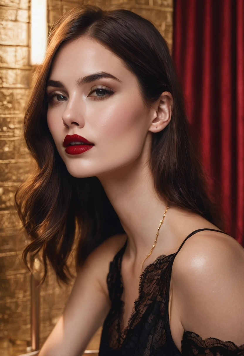 Crie uma mulher Erin Heartheton , texturized skin, shiny long dark brown straight hair,thin face. fleshy lip .slightly red lips .eyes browns, straight hair styled. Wearing a little black lace top. Thin straps , delicate gold necklace, putting on cherry red lipstick, in a luxurious bathroom with night lighting, detailed with light tones and marble, high quality, deep shadows, dynamic lighting, targeted focus, In Full Detail.